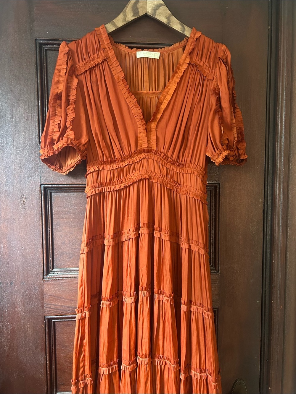Ulla Johnson Olivia Puff Sleeve Ruffle Satin Midi Dress Boho Mermaidcore Size 8 - Picture 5 of 12